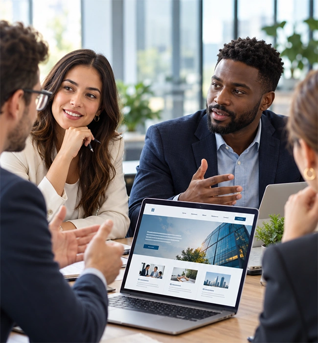 Equipo de profesionales revisando juntos el diseño de un sitio web en un portátil