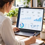 mujer revisando las métricas de su sitio web